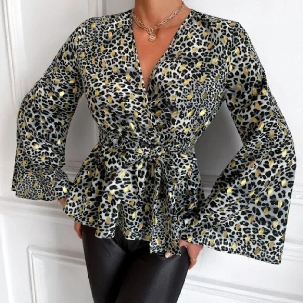 Leopard & Gold Dot Print Trumpet Sleeve Knotted Pe - Picture 6 of 6